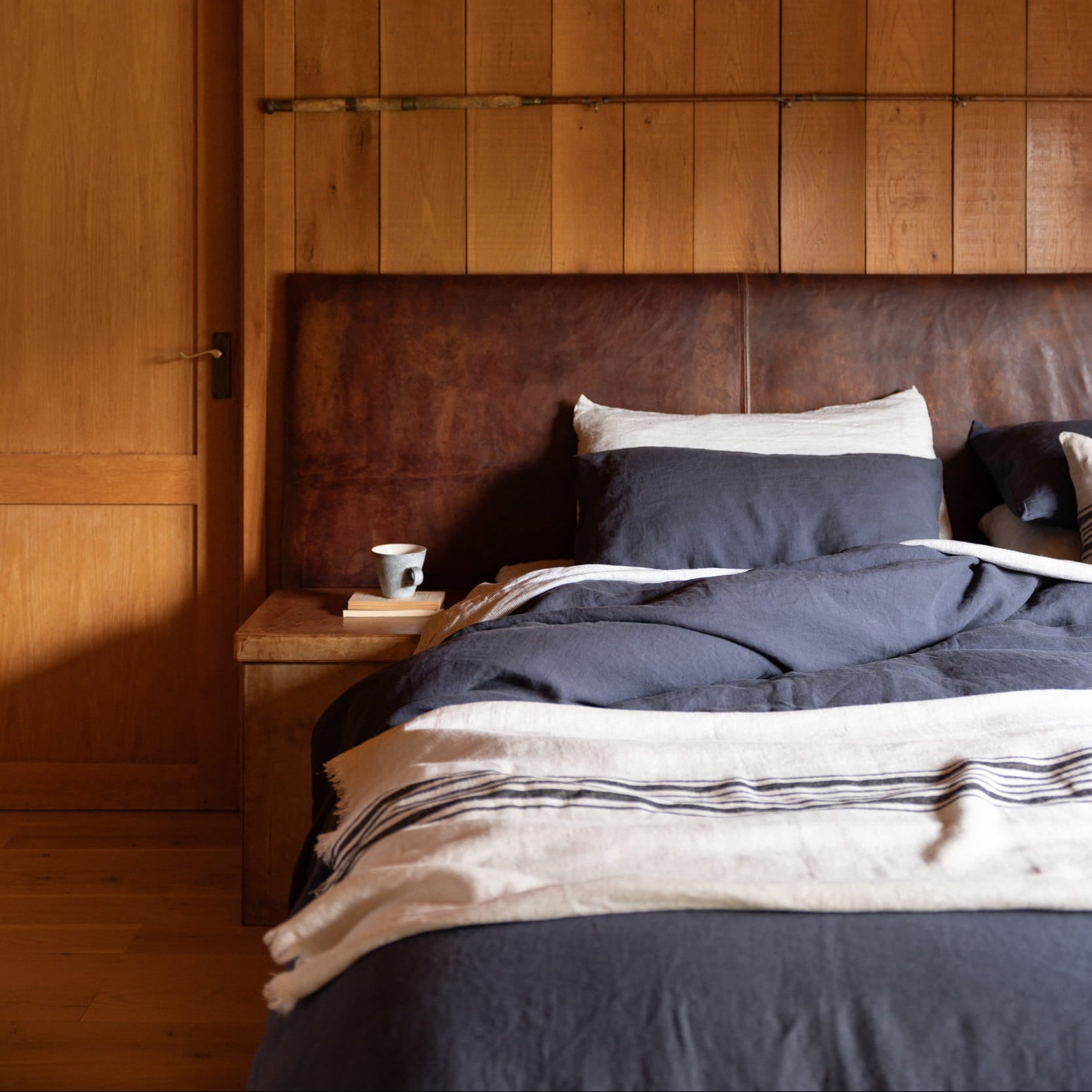 midnight blue linen bed 